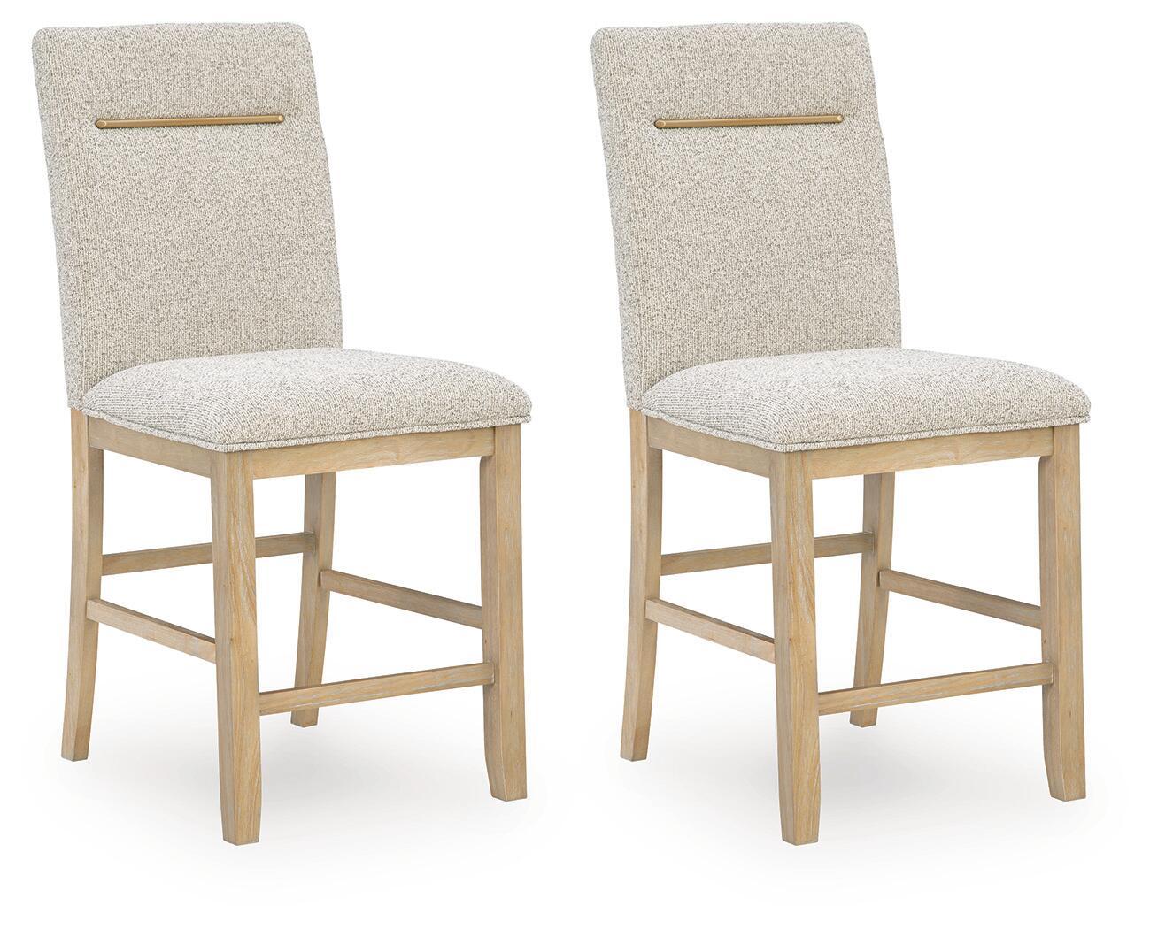 Set of 2 upholstered barstools with light brown fabric, wood legs, brass handle
