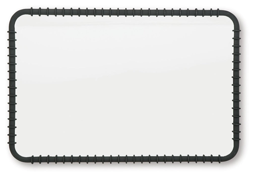 Black accent mirror with wide rectangular frame and corner studs