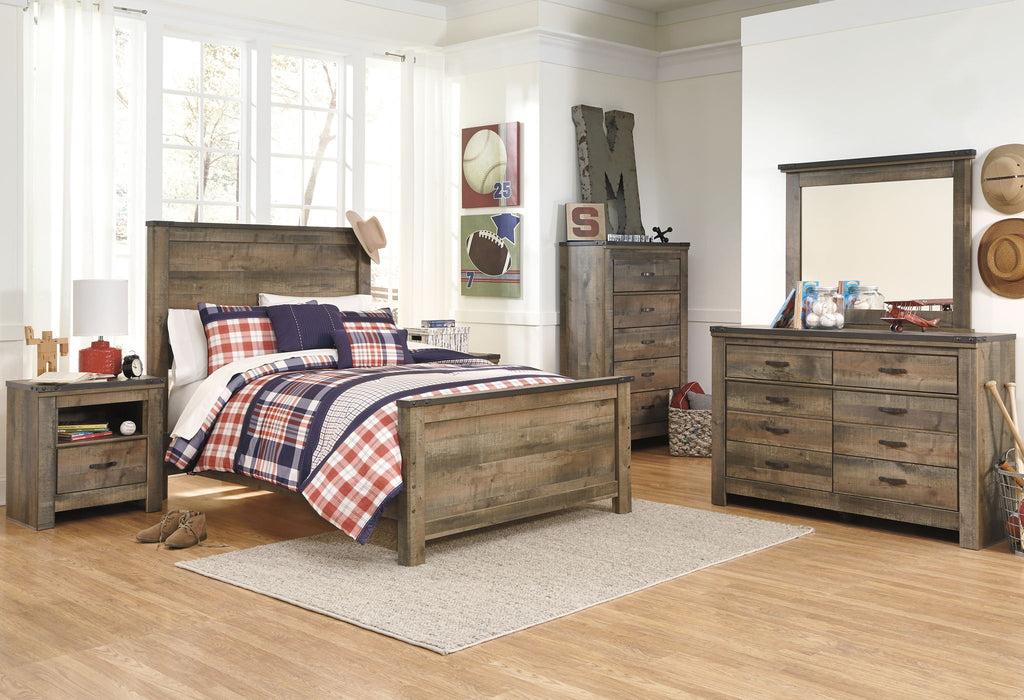 Panel bed with dark brown wood frame, paneled headboard, and side storage drawers