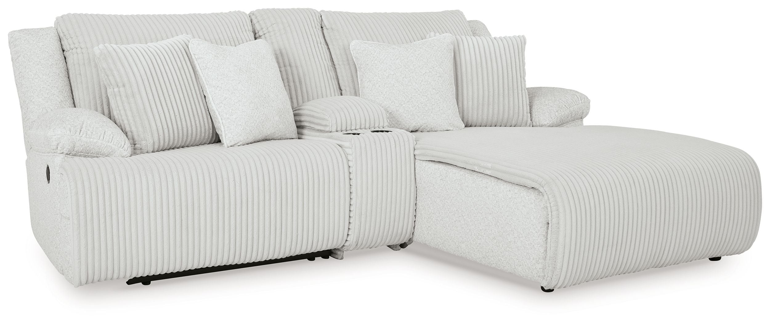 White striped reclining sectional sofa with chaise and plush back cushions