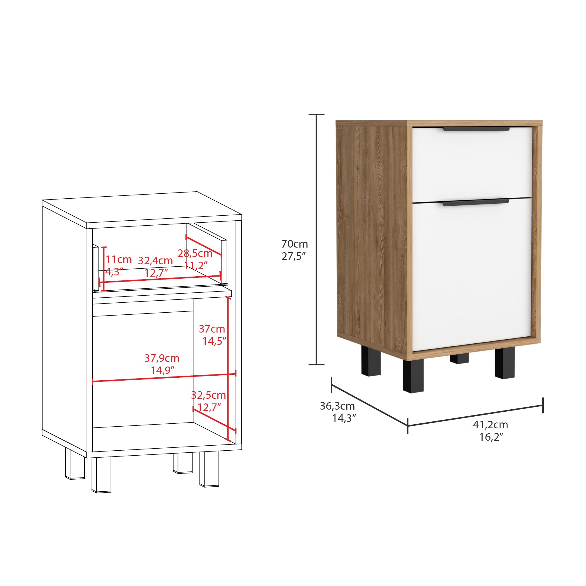Kaia Z Nightstand , End Table, Side Table One Drawer, One Cabinet,  Four Legs, Superior Top -Pine / White