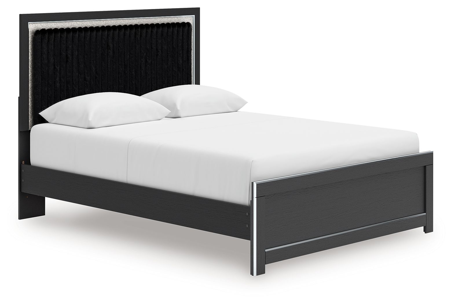 Upholstered panel platform bed with roll slats, black frame with white pillows and fitted sheet