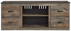 Dark brown TV stand with open center compartment and two drawer units
