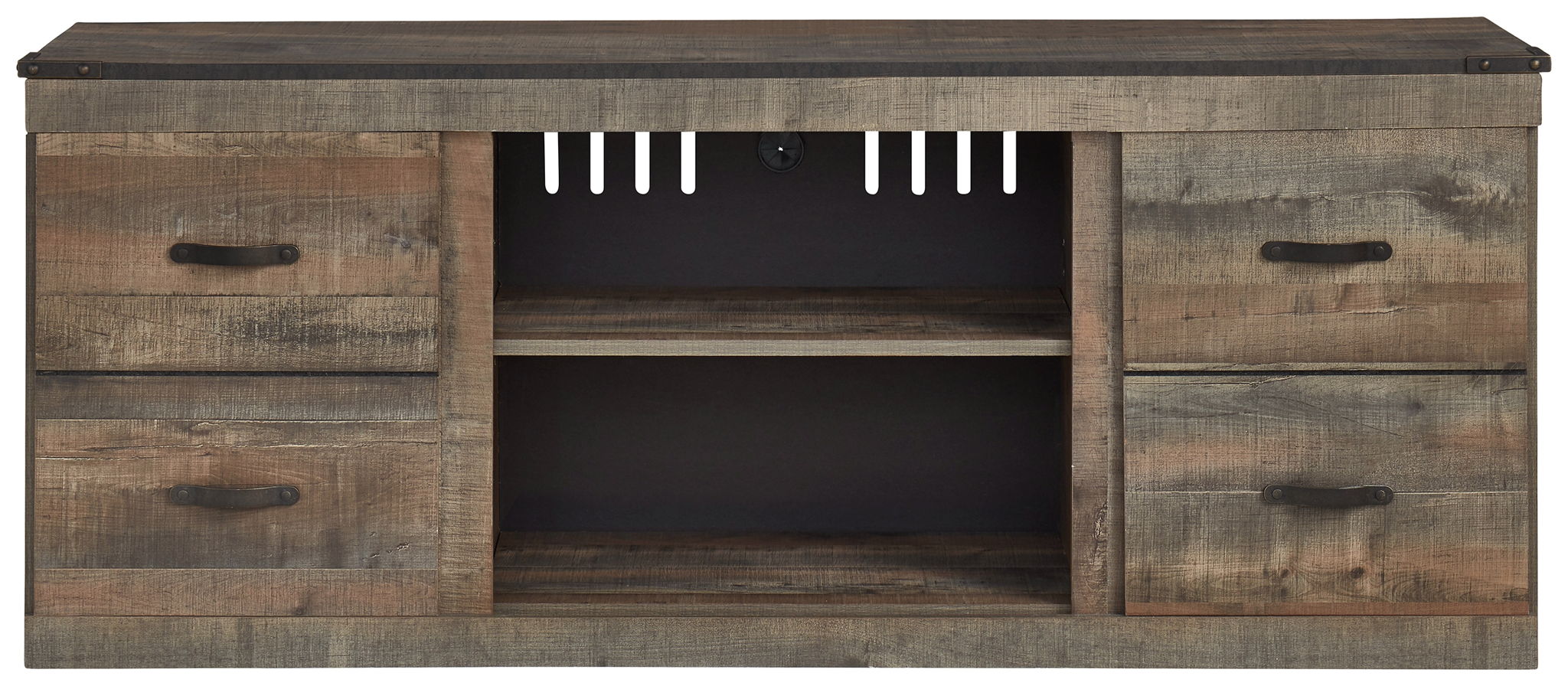 Dark brown TV stand with open center compartment and two drawer units