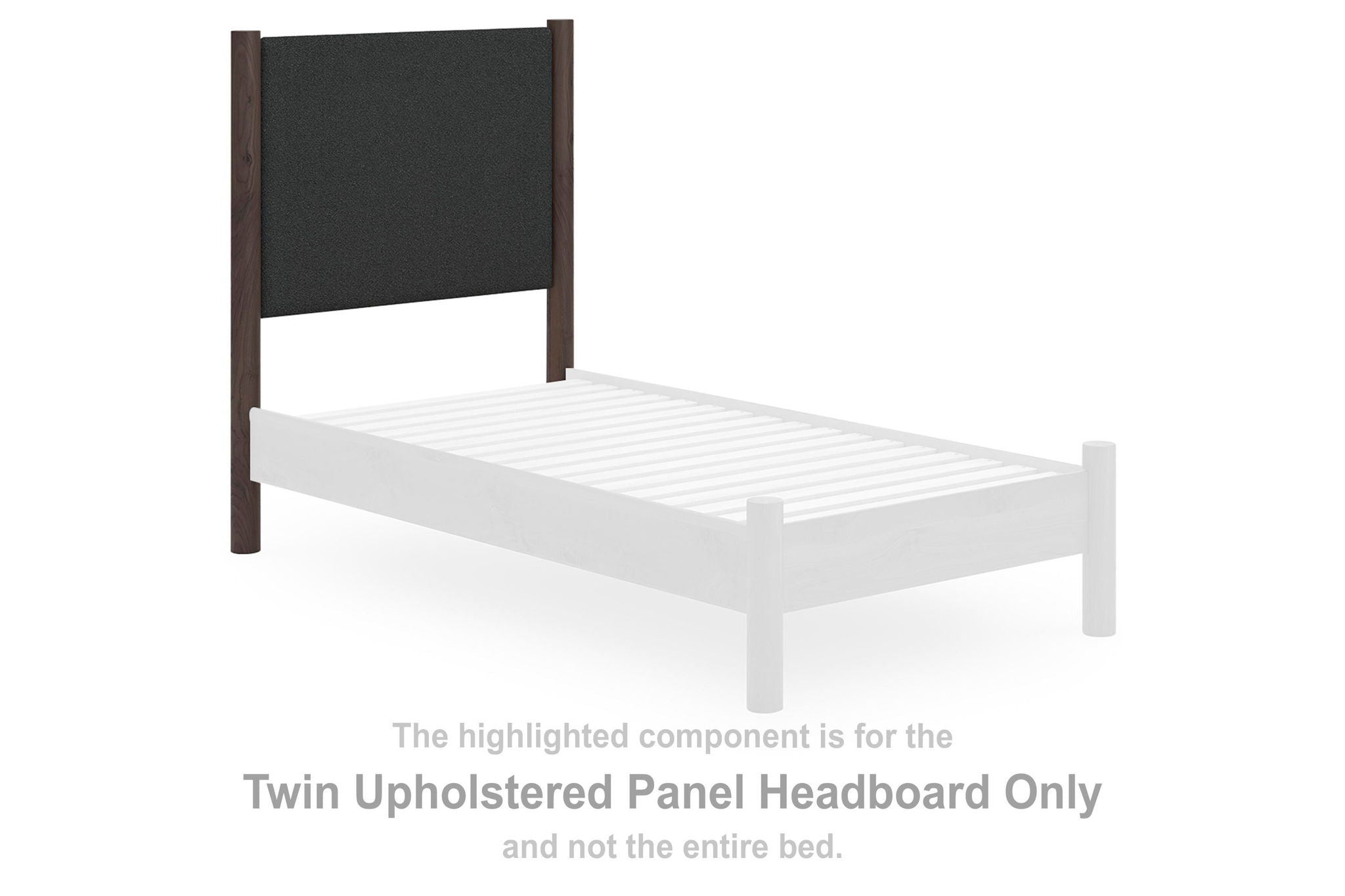 Twin upholstered panel headboard, dark brown fabric with vertical wooden posts