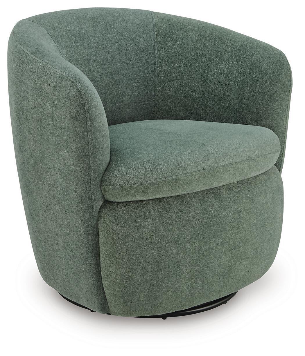 Swivel accent chair in dark green velvet with rounded arms and cushioned seat.