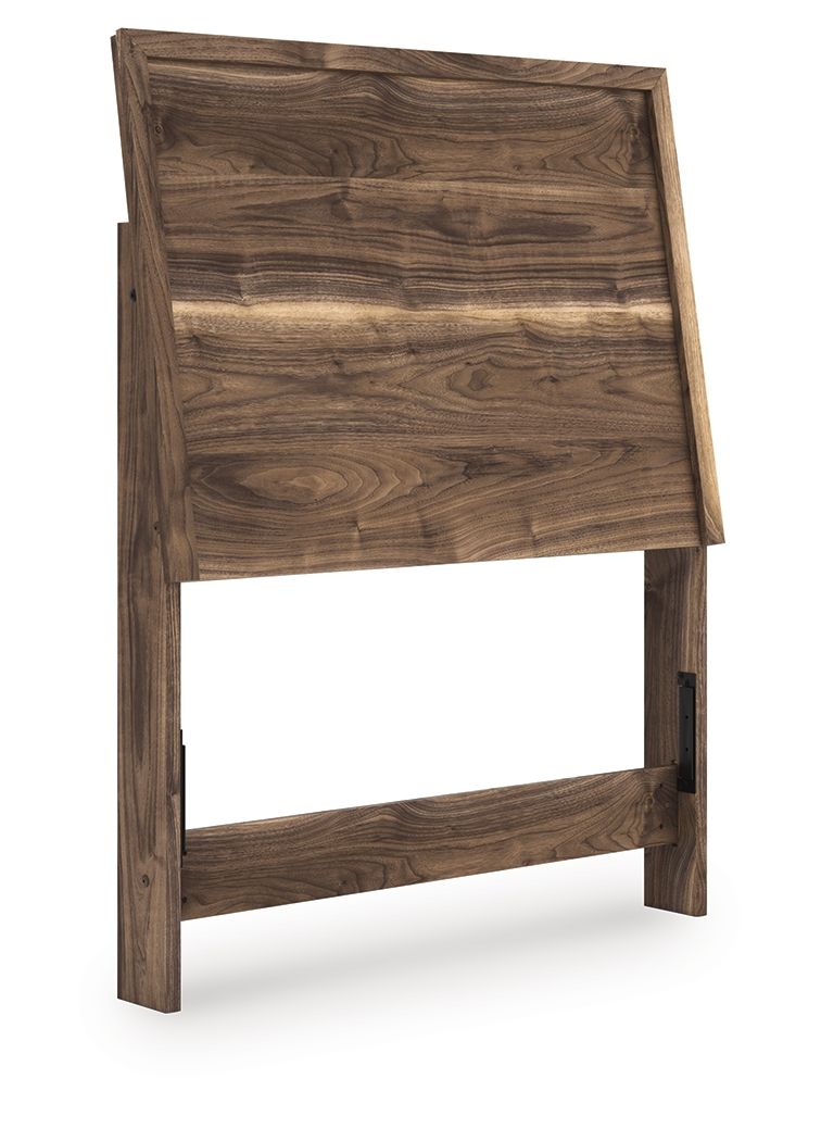 Dark brown wood panel headboard with side posts and top frame