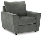 Gray upholstered armchair with square arms, cushioned seat, and tall backrest