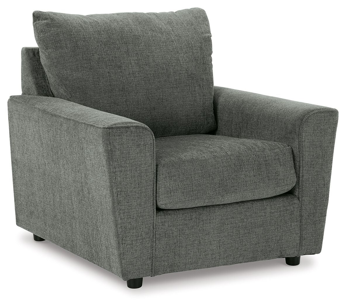 Gray upholstered armchair with square arms, cushioned seat, and tall backrest