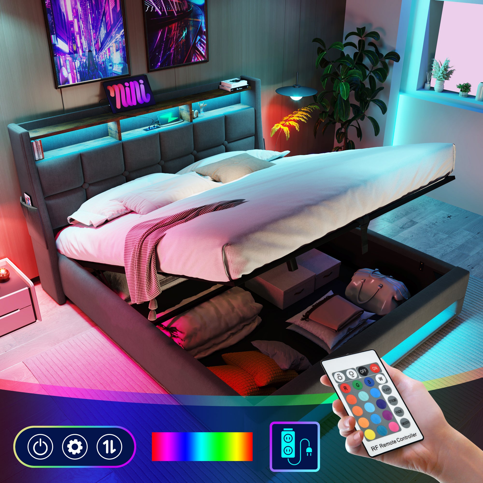 Full Size Grey Upholstered Platform Bed Hydraulic Storage LED USB