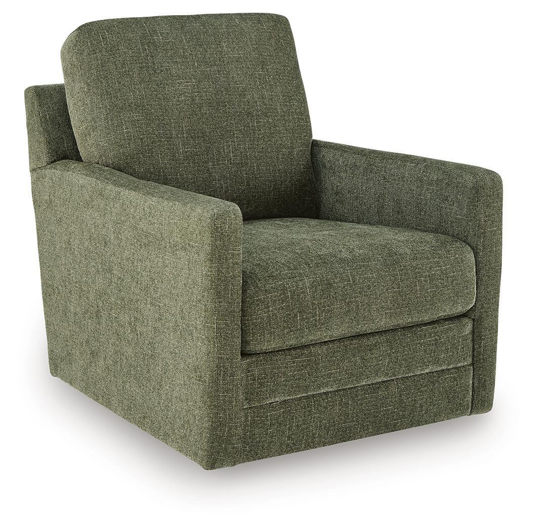 Green swivel accent chair with squared arms, padded seat, and tall backrest.