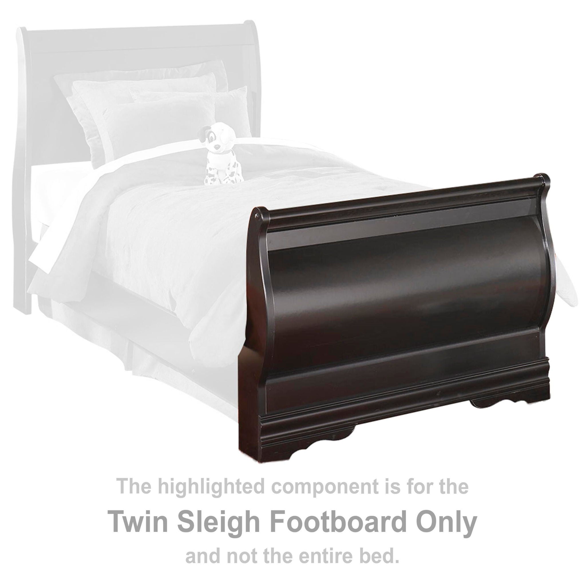 Twin sleigh footboard in dark wood with curved top and turned detailing