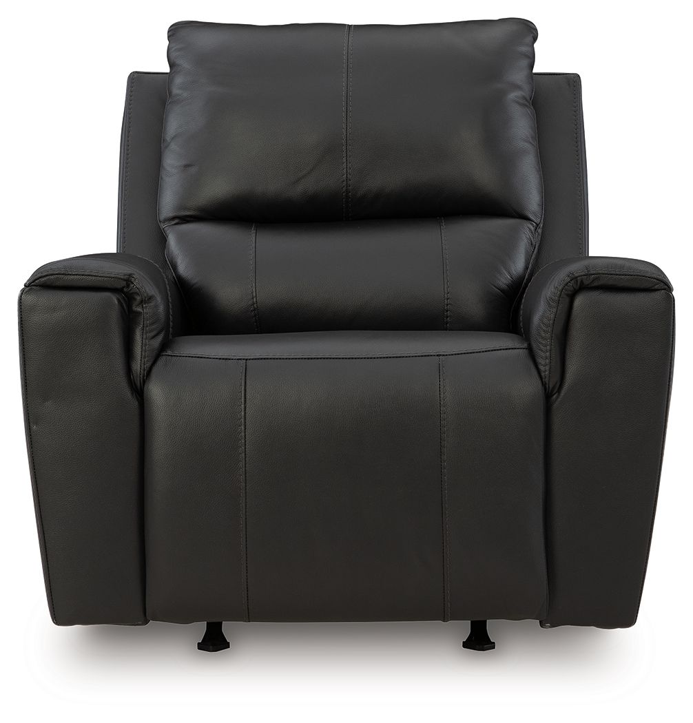 Black leather-look rocker recliner chair with wide arms and padded seat cushion