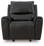 Black leather-look rocker recliner chair with wide arms and padded seat cushion