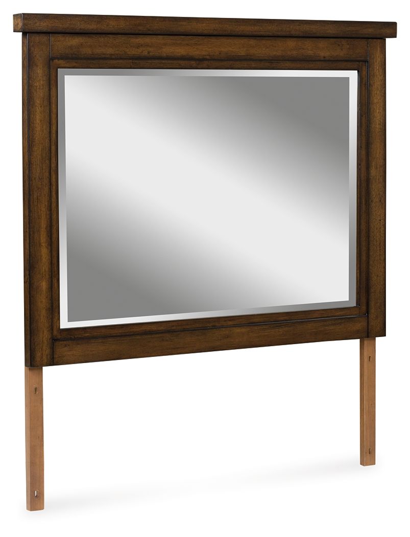 Medium brown wooden bedroom mirror with rectangular frame and beveled glass
