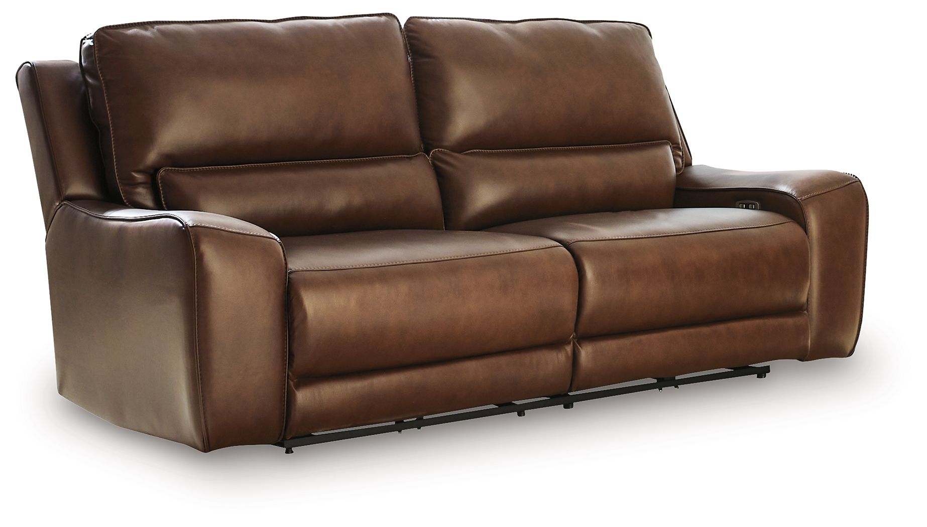 Dark brown power reclining sofa with chrome-edged arms and adjustable headrests