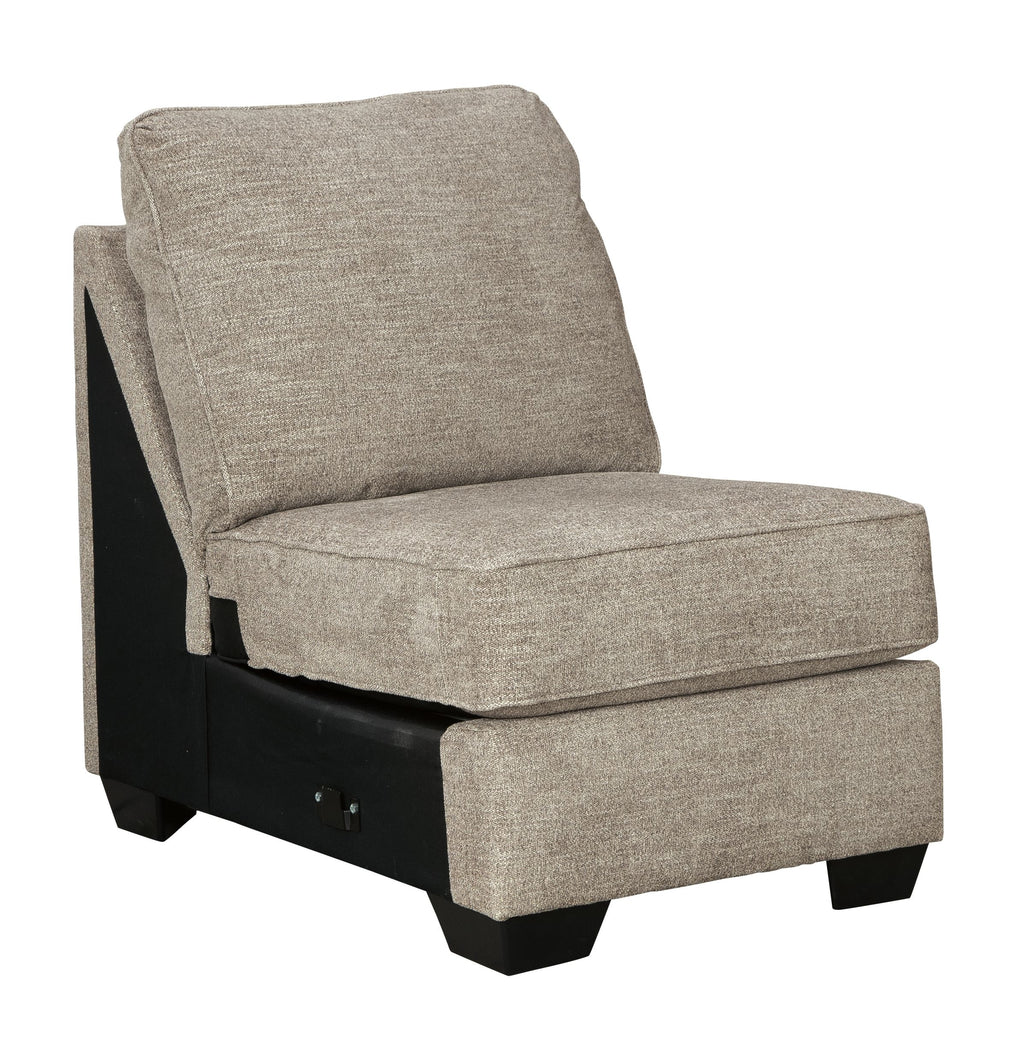 Stone armless chair with tall back, upholstered seat, and dark wood legs