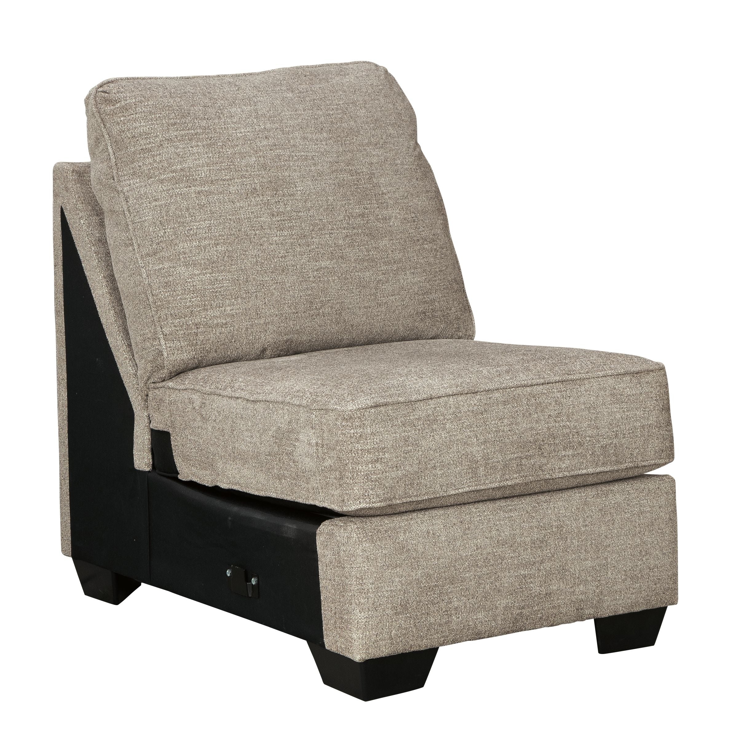 Stone armless chair with tall back, upholstered seat, and dark wood legs