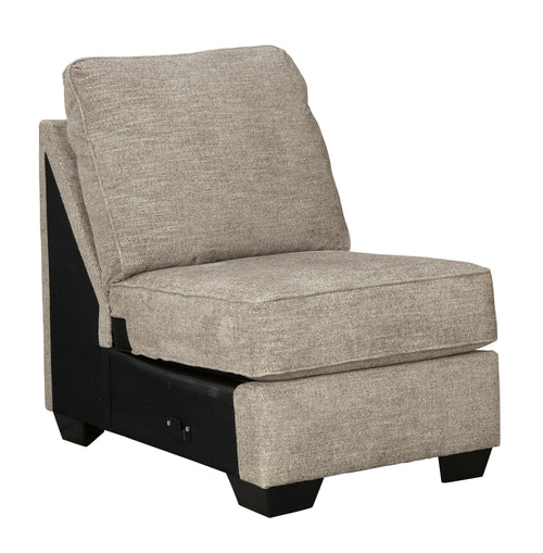 Stone armless chair with tall back, upholstered seat, and dark wood legs