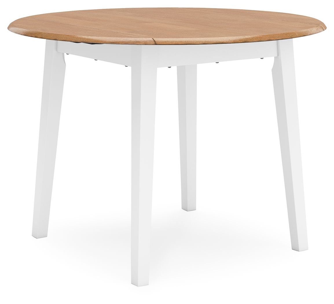 Round drop-leaf dining table with light wood top and white legs