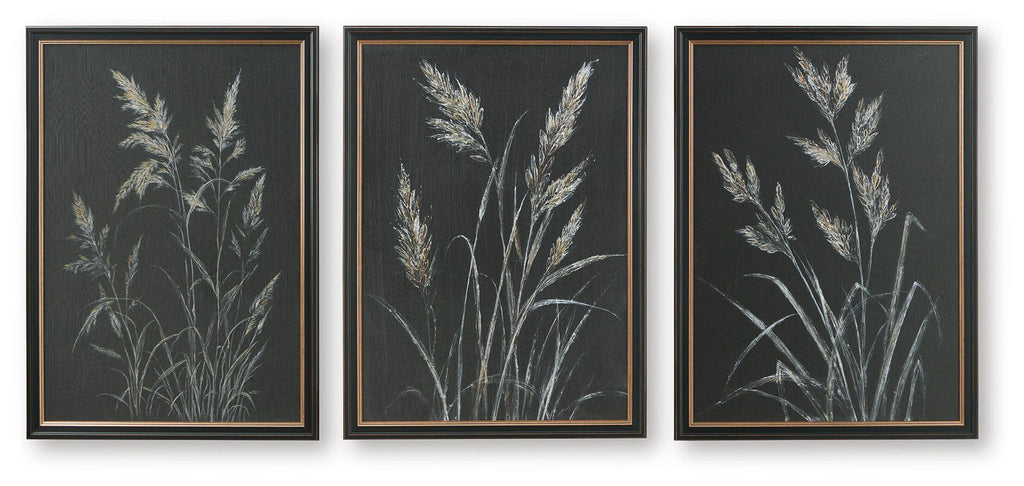Framed botanical wall art set of 3, dark background with light feather stems