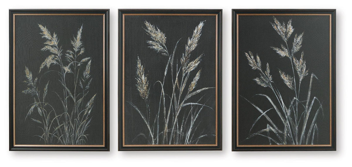 Framed botanical wall art set of 3, dark background with light feather stems