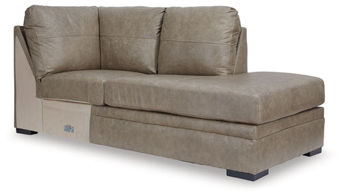 Corner chaise lounge with taupe fabric upholstery and track arms, dark base feet.