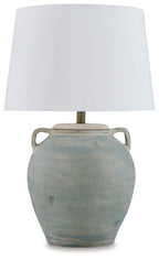Terracotta table lamp with white drum shade and antique green ceramic base