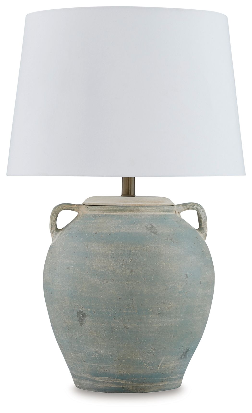 Terracotta table lamp with white drum shade and antique green ceramic base