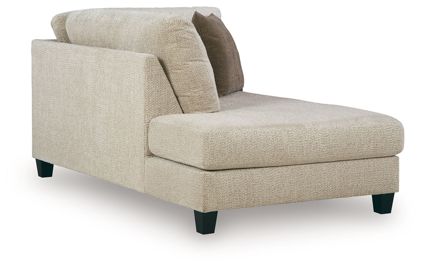 Beige left-arm corner chaise with padded arms and two accent cushions