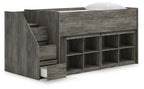 Gray loft bed with staircase steps and open cube shelving under bed