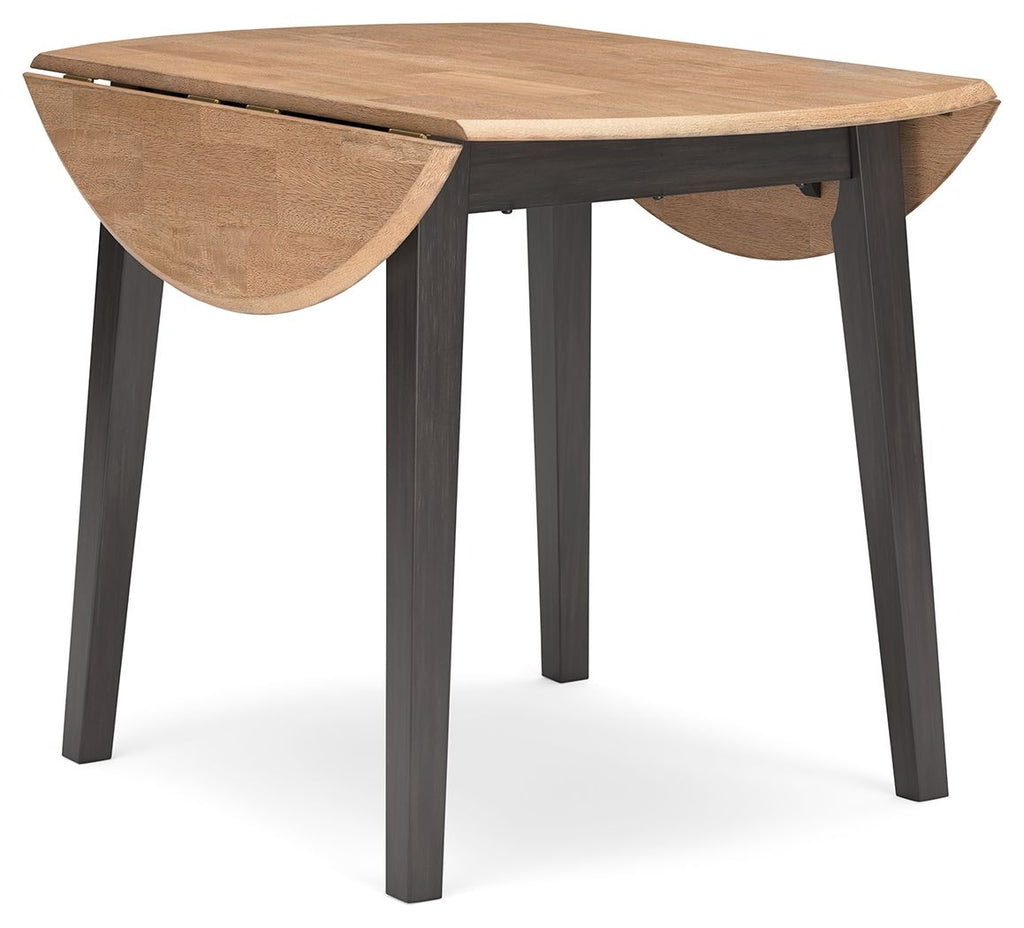 Round drop-leaf dining table, dark brown legs with raised brown leaf panels