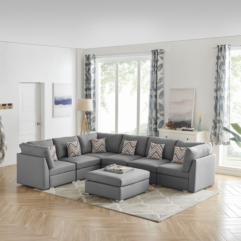 Amira - Fabric Reversible Modular Sectional Sofa With Ottoman - Gray