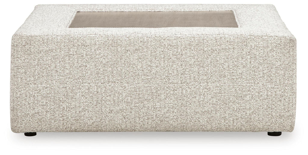 Oversized accent ottoman front view, snowstone beige textured fabric, low square frame