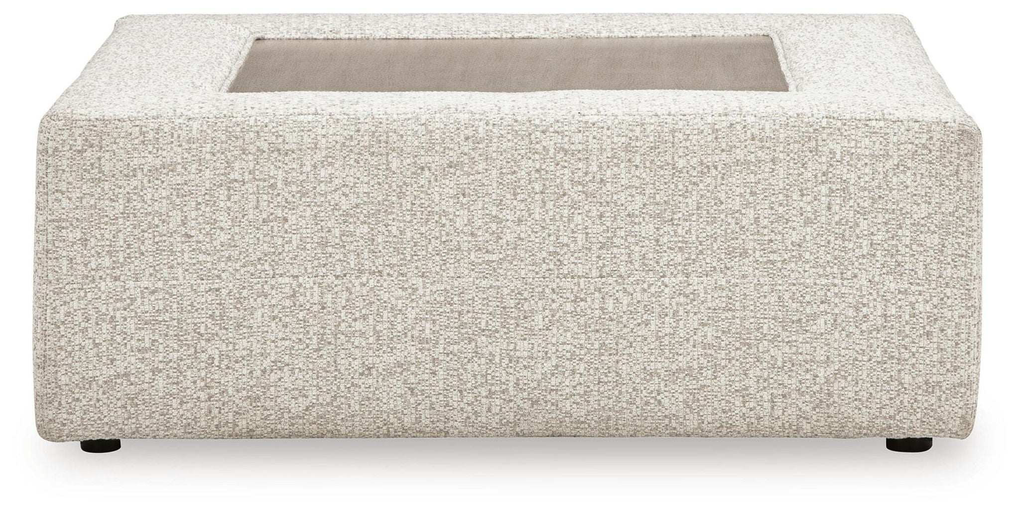 Oversized accent ottoman front view, snowstone beige textured fabric, low square frame