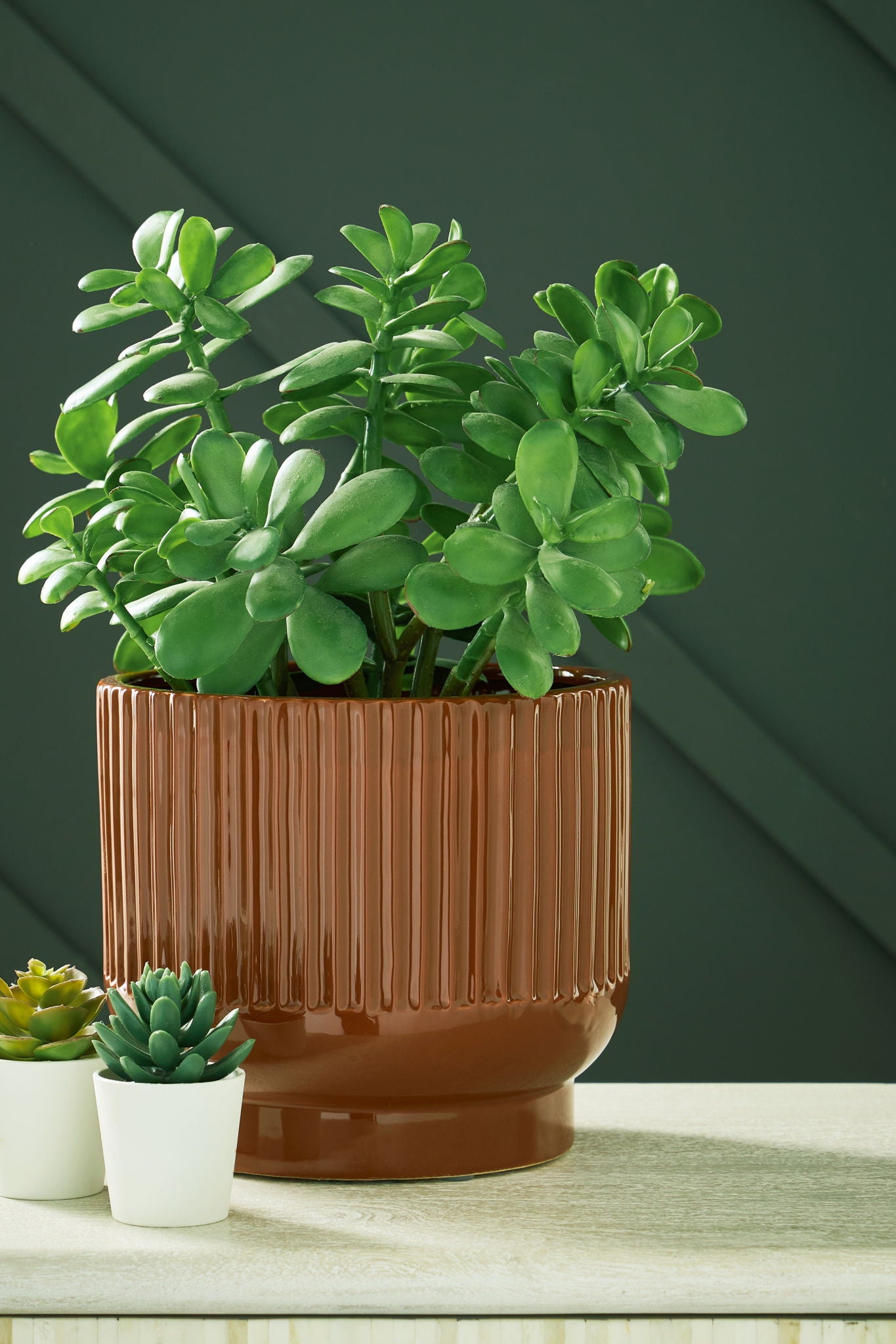 Dark brown ribbed ceramic vase with vertical fluted sides and round base