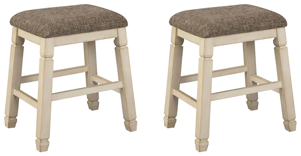 Pair of upholstered stools with textured neutral fabric seats and light wood turned legs