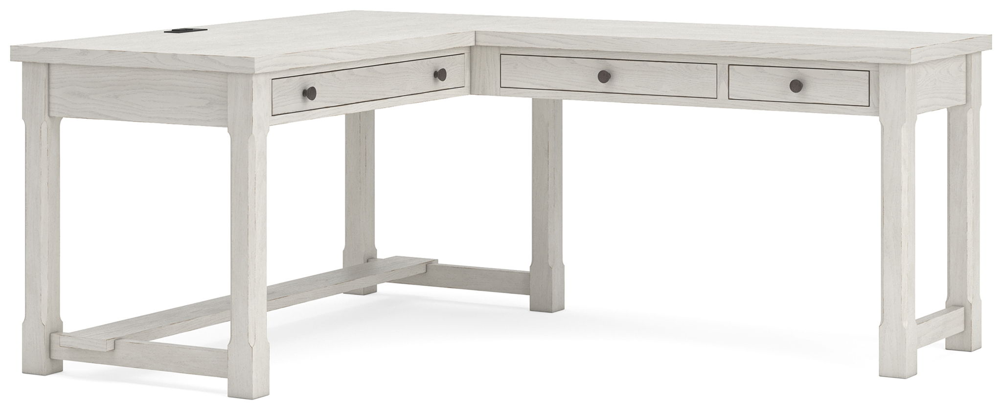 White corner desk with multiple drawers and open lower shelf for office use