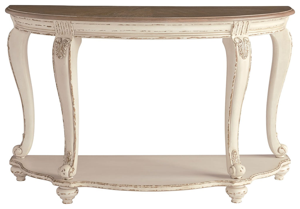 White sofa table with carved apron, cabriole legs, and dark brown tabletop