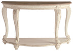 White sofa table with carved apron, cabriole legs, and dark brown tabletop