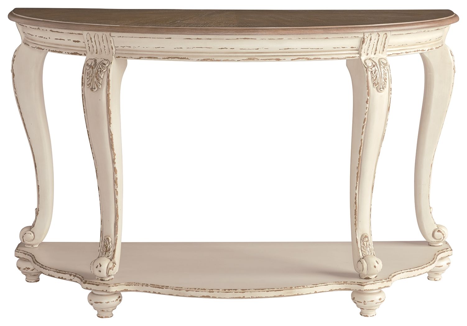 White sofa table with carved apron, cabriole legs, and dark brown tabletop
