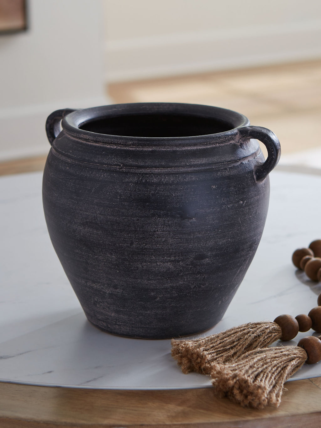 Meadie 9-inch vase, dark gray ceramic with side handles and textured finish