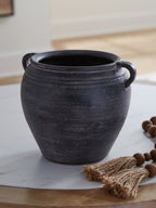 Meadie 9-inch vase, dark gray ceramic with side handles and textured finish