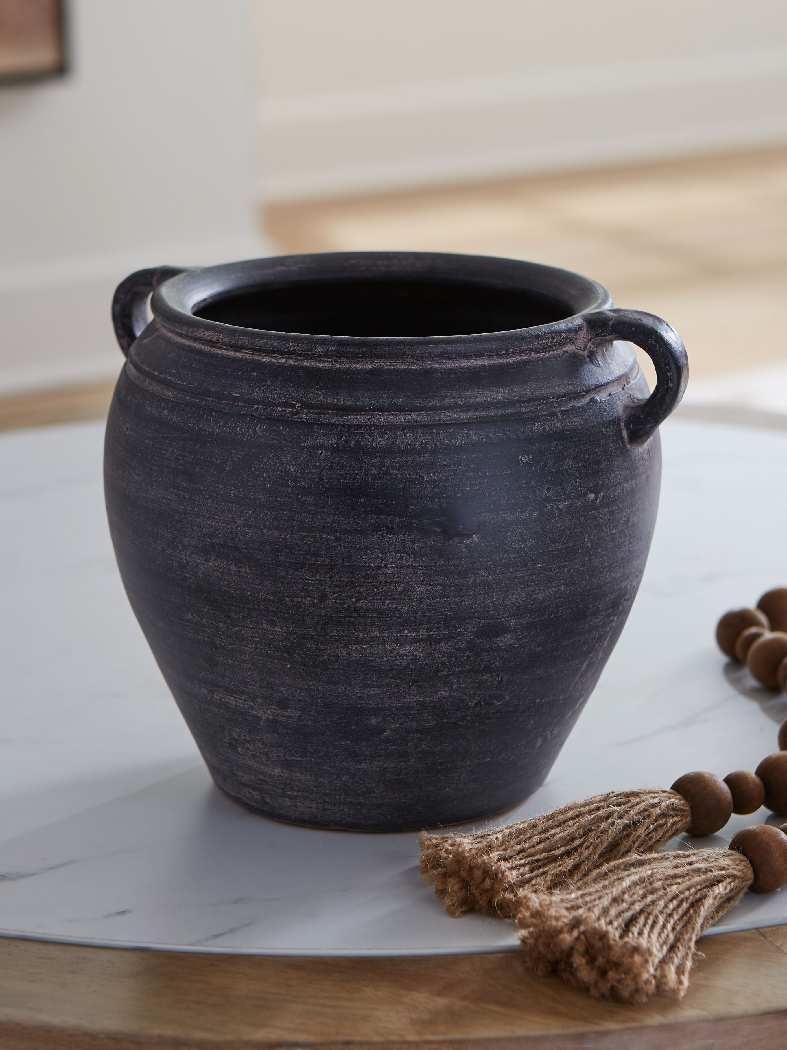 Meadie 9-inch vase, dark gray ceramic with side handles and textured finish