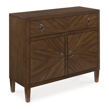 Medium brown accent cabinet with two doors and two drawers, angled wood legs