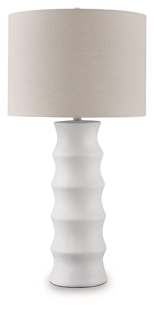 White table lamp with fabric drum shade and sculpted ridged base