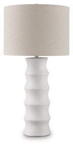 White table lamp with fabric drum shade and sculpted ridged base