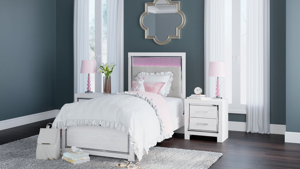 Altyra white panel bed with tall paneled headboard and matching footboard