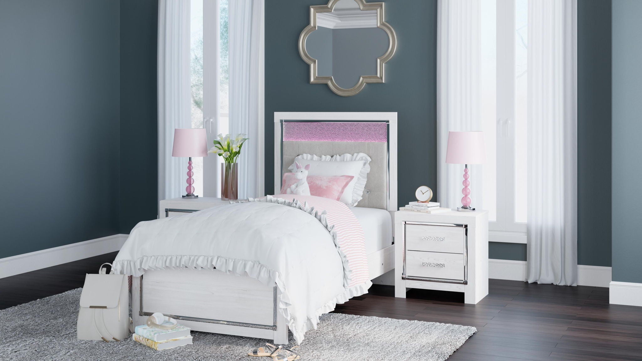 Altyra white panel bed with tall paneled headboard and matching footboard
