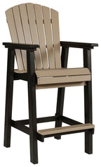 Tall barstool with black frame, beige slatted back, and cushioned beige seat